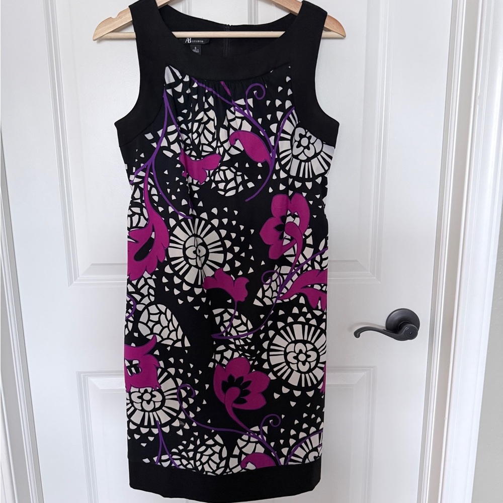 AB Studio Black and Pink Patterned Midi Dress